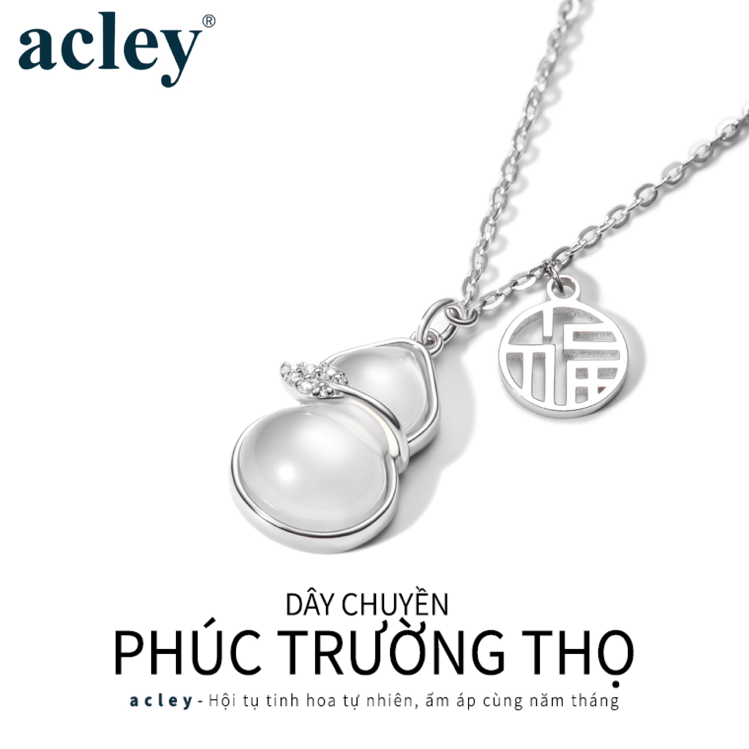 Dây chuyền Phúc Trường Thọ – Acley | Bạc S925 + Mã não trắng + Đá CZ Zirconia | YE06234A8Cb - Image 2