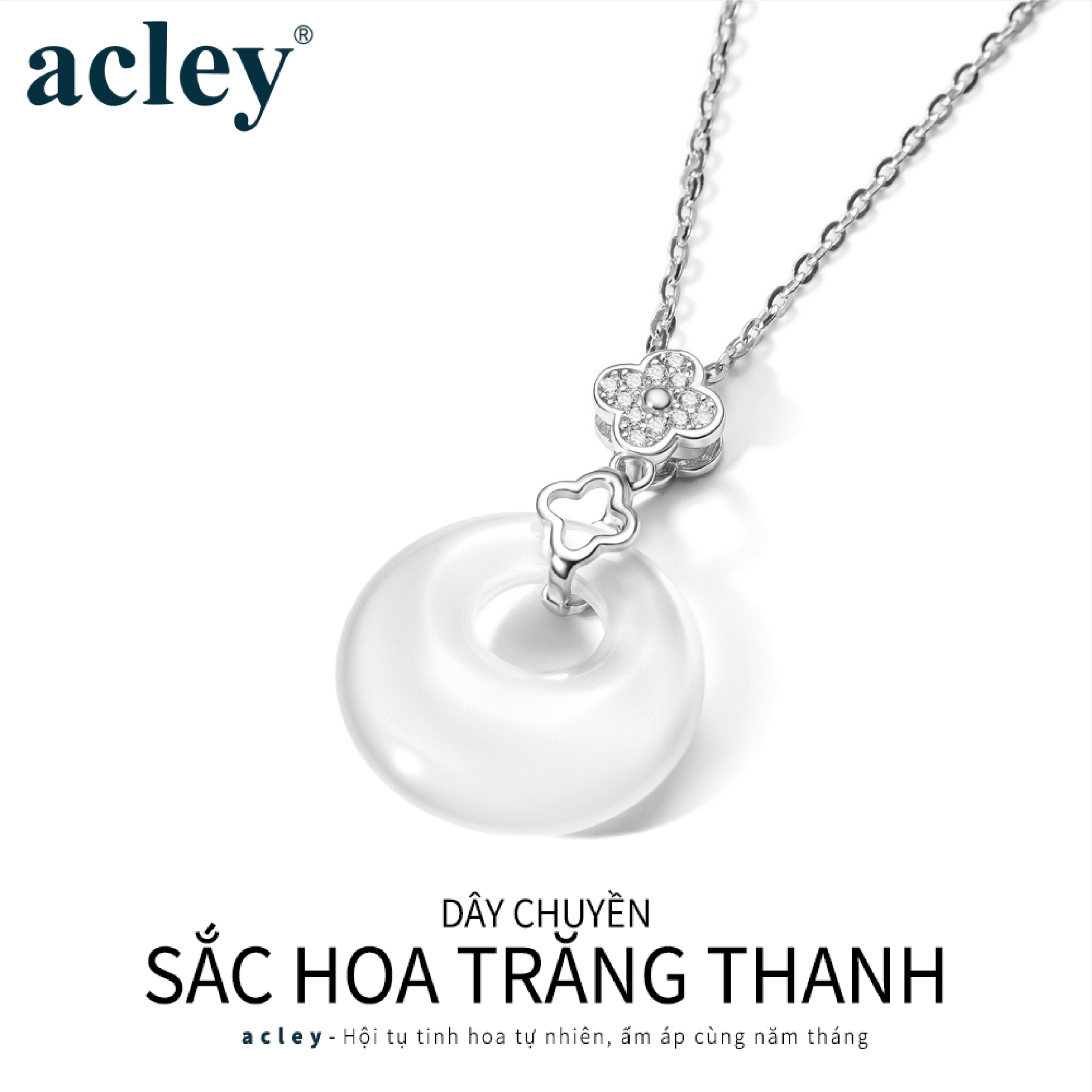 Dây chuyền Sắc Hoa Trăng Thanh – Acley | Bạc S925 + Mã não trắng + Đá CZ Zirconia | AXY-3670S - Image 2