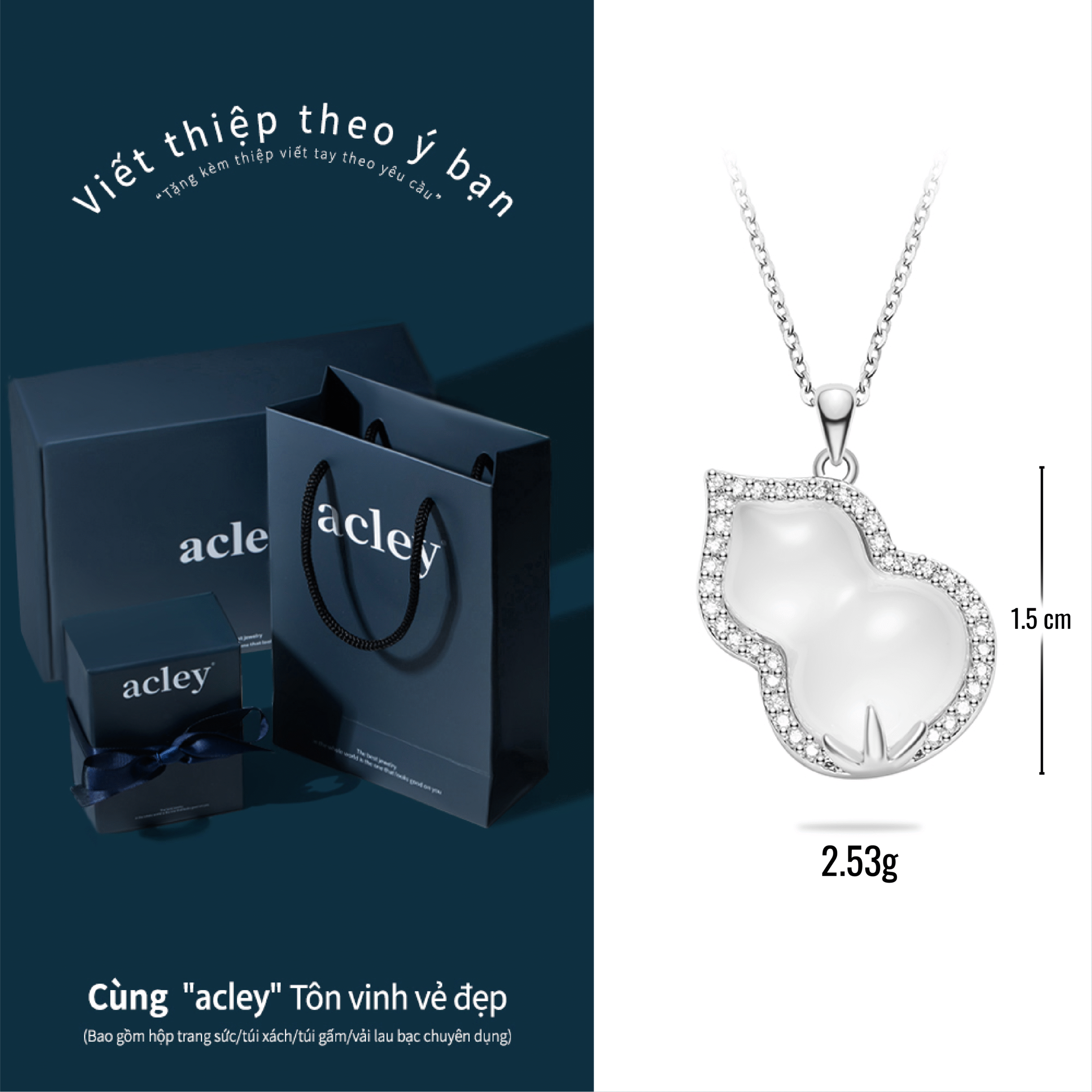 Dây chuyền Hồ Lô Phúc Lộc – Acley | Bạc S925 + Mã não trắng + Đá CZ Zirconia | AYX-2943S - Image 3
