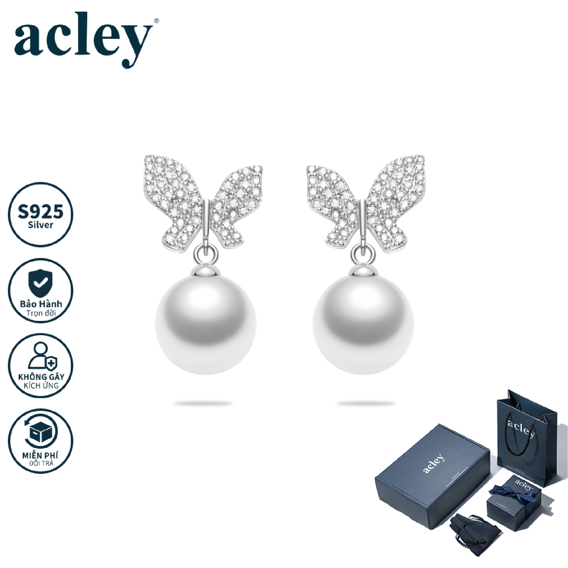 Bông tai Butterfly Pearl – Acley | Bạc S925 + Ngọc trai + Đá CZ Zirconia | AE93900401