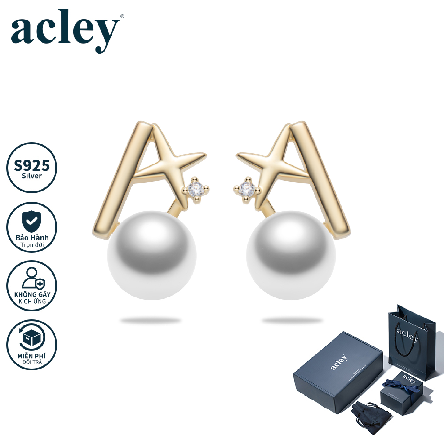 Bông tai Tinh Tú Ngọc – Acley | Bạc S925 + Đá CZ Zirconia + Ngọc trai | E100700201